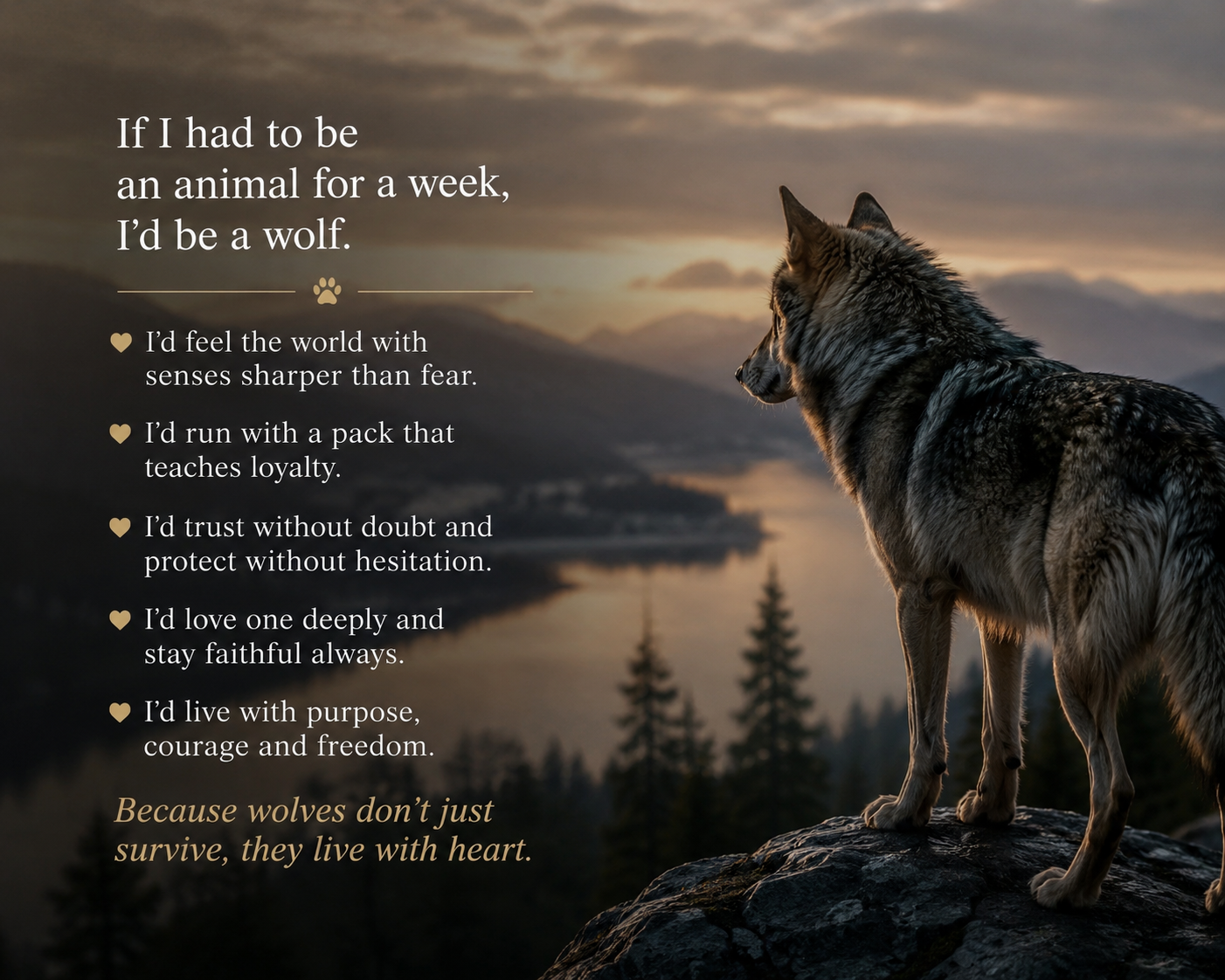 If I had to be an animal for a week, I’d choose to be a wolf