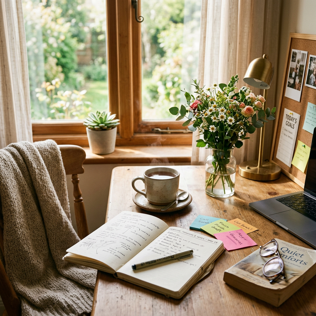 Home workspace with open notebook, pen, coffee cup, flowers, laptop, and books on a wooden desk